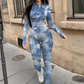 Ribbed Tie-dye Jumpsuit Women Autumn Irregular Print Sporty O-neck Full Sleeve Daily Skinny Casual Trend Streetwear