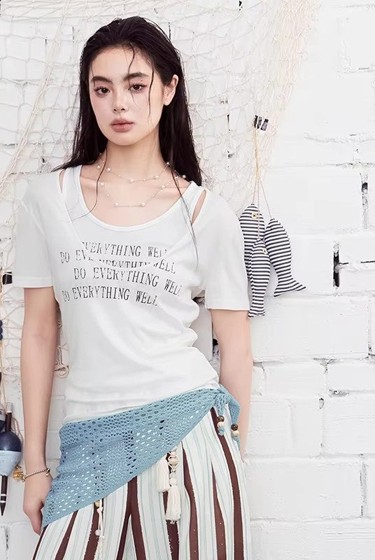 Double-Layer Textured Fitted T-Shirt, Off-Shoulder Ruched Short Sleeve Top