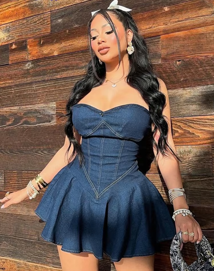 Fake Denim Strapless Sexy Dress Women Summer Trend Skinny Hipster Fashion Concert Birthday Party Clubwear Y2K Bodycon