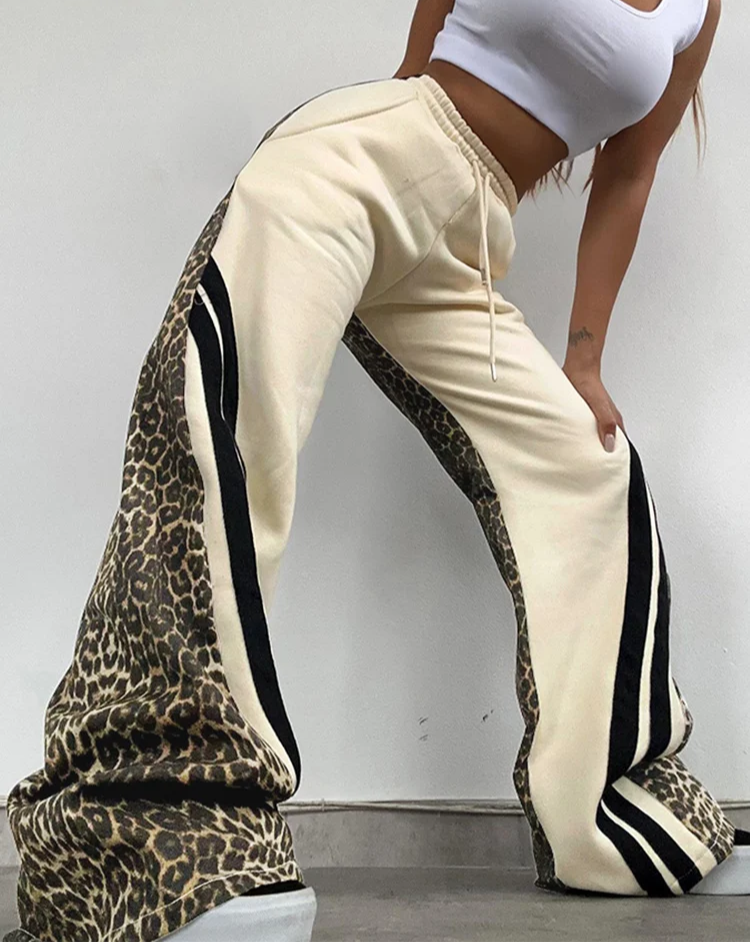 Side Stripe Women Flare Pants Autumn Hipster Leopard Patchwork Pocket Casual Wild Basic Street Sweatpants Trousers