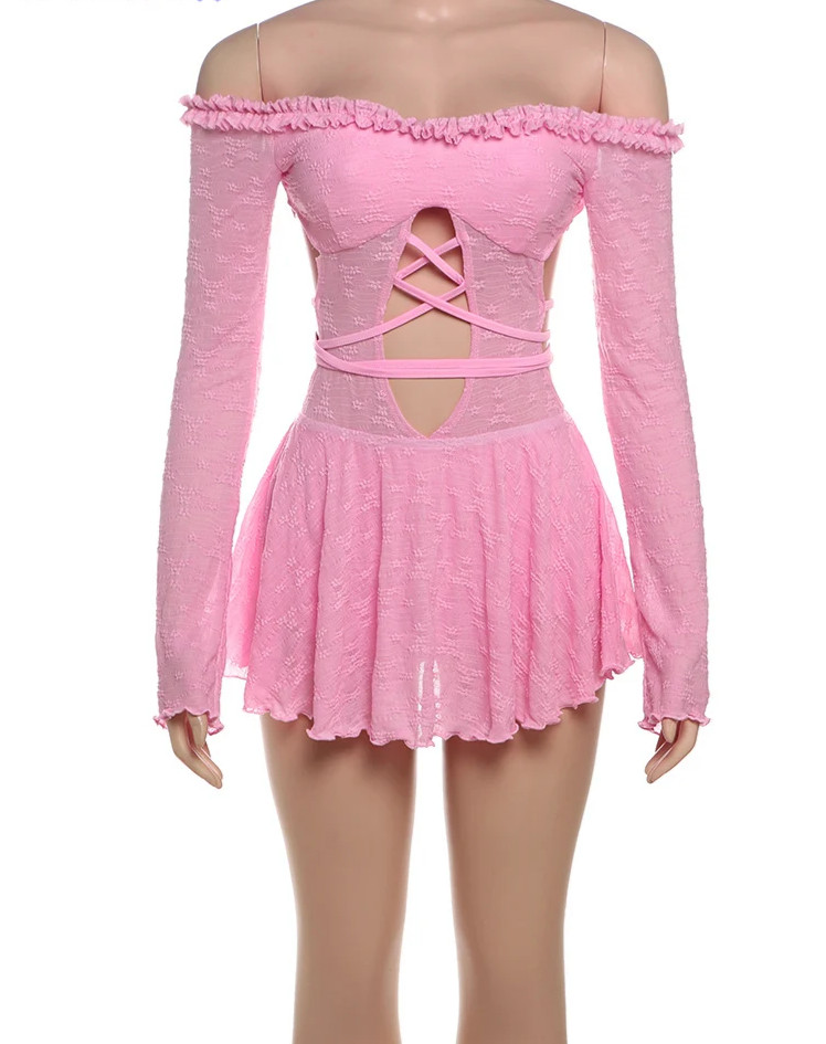 Hollow Lace Backless Dress Slash Neck Sexy Summer Trend Women Thin Bandage Birthday Party Stretch Jacquard Bodycon