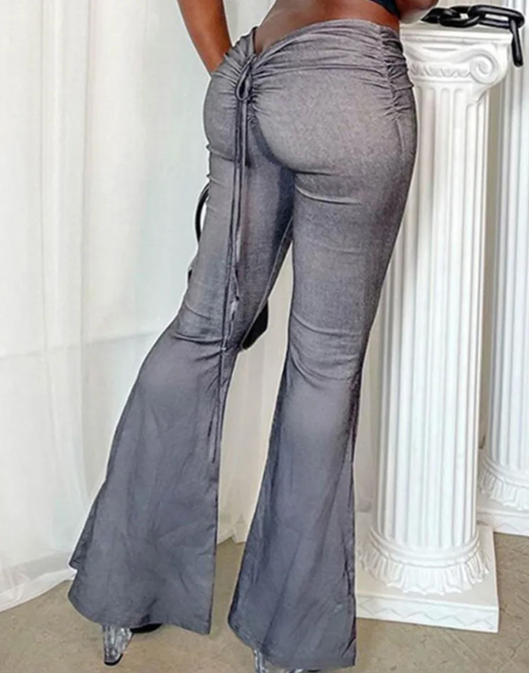 Y2K Low Waist Flare Pants Women Drawstring Ruched Long Trousers Elastic Casual Streetwear Fashion Bandage Bottoms