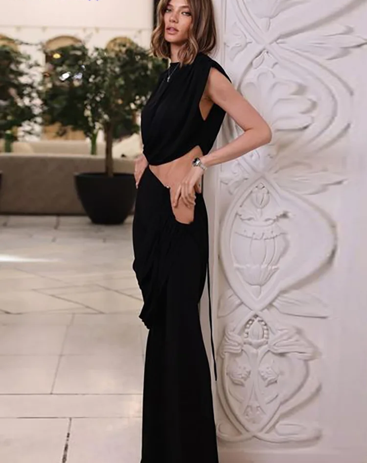 Elegant Irregular 2Piece Set Summer Women Chic Classic Tank Tops+Skirts Pants Matching Trend Ruched Suits Streetwear