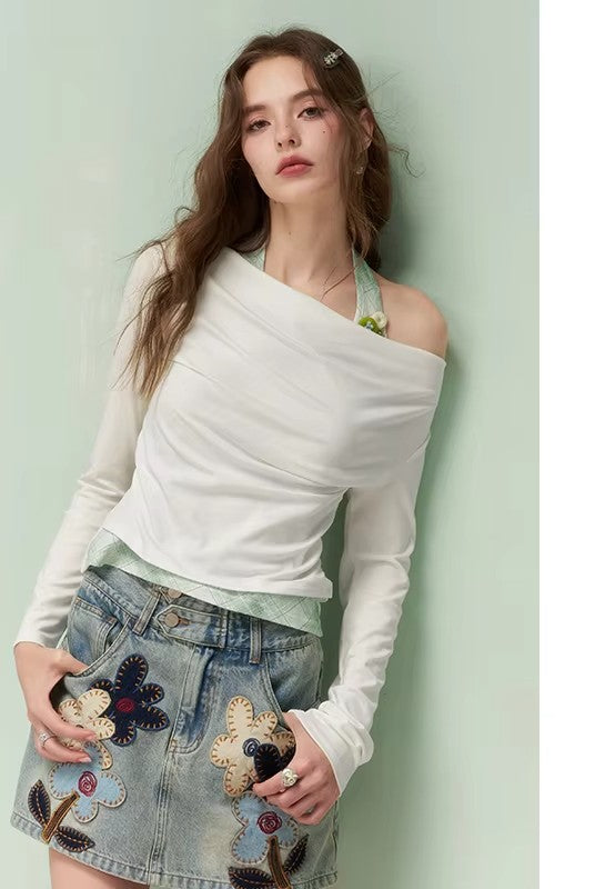 Elegant Halter Neck Long Sleeve T-Shirt with Draped Cowl, Slim Fit Ribbed Knit Tee, Cute Dailywear Tops for Women