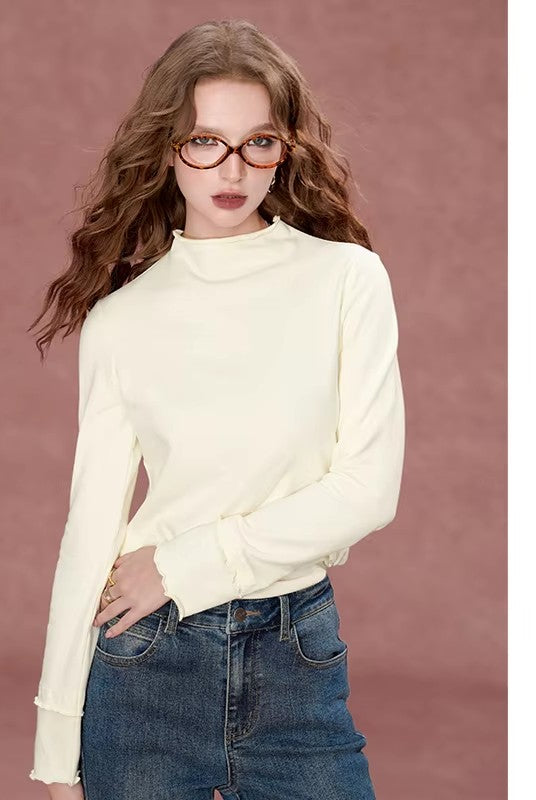 Elegant Lace Trim Mock Neck Top, Solid Ruffle Cuff Long Sleeve Blouse for Daily Wear