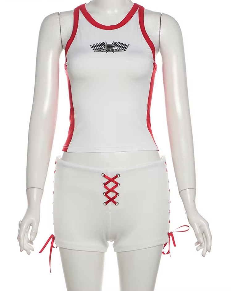 Casual Women Tracksuit 2 Piece Set Letter Print Red Edging Tank Tops+Shirring Bandage Shorts Sporty Activity Outfits