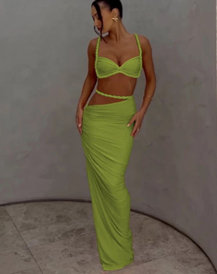 Plait 2 Piece Set Women Square Collar Folds Bandage Bow Bra+Skinny Long Skirts 2025 Summer Party Vacation Beach Suits