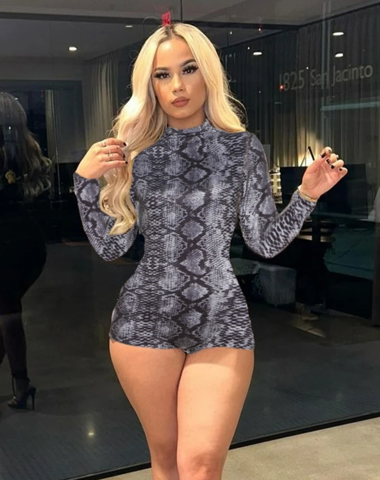 Skinny Full Sleeve Romper Women Wild Sexy O-Neck Serpentine Stretch Leopard Print Midnight Coquettish Trend Playsuits