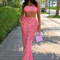 See Through 2 Piece Sets Woman Summer Sexy Strapless Crop Tops+Long Skirts Party Clubwear Skinny Lace Matching Outfits