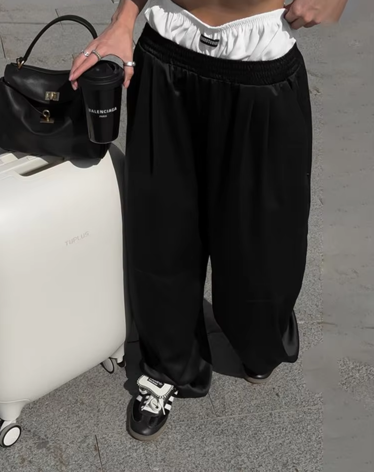 Casual Sporty Women Pants Hipster Autumn Trend Fake Two Pieces Wide-Trousers Streetwear Wild Basic Contrast Bottoms