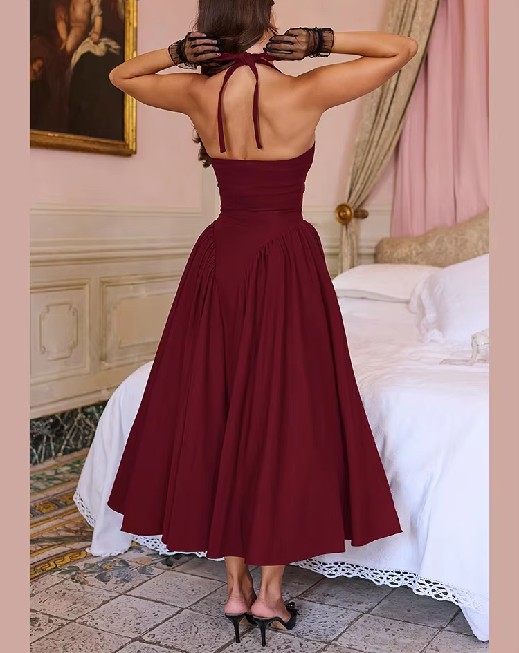 Elegant Backless Dress Women Halter Lace-Up Low-Neck Sleeveless Pleat Hem Birthday Banquet Party Stretch Long Bodycon