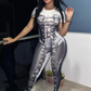 Hipster Print Jumpsuit Women Casual Stretch Shorts Sleeve o-Neck Stretch Body-Shaping Streetwear Fitness Overalls