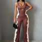 Chic Side Tassel Jumpsuit Women Sexy Hollow Contrast Stretch Summer Fashion Sleeveless Elastic Workout Long Overalls