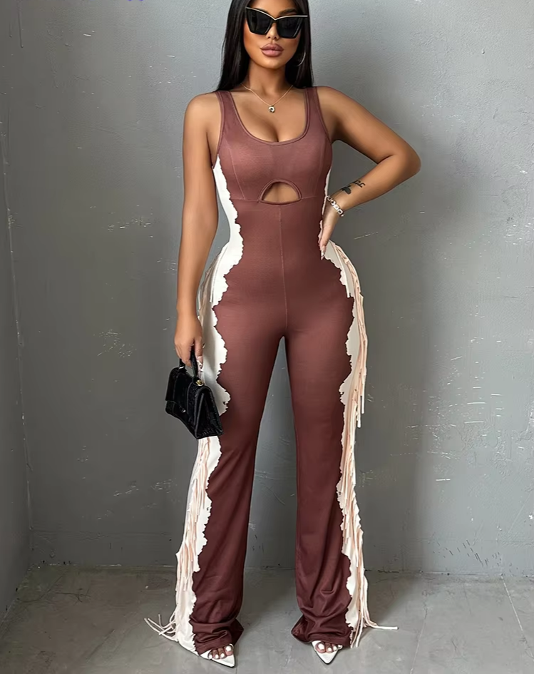 Chic Side Tassel Jumpsuit Women Sexy Hollow Contrast Stretch Summer Fashion Sleeveless Elastic Workout Long Overalls