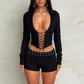 Sequined Patchwork 2 Piece Set Women Sexy Low Neck Lace-Up Long Sleeve Crop Tops+Solid Elastic Shorts Matching Suit