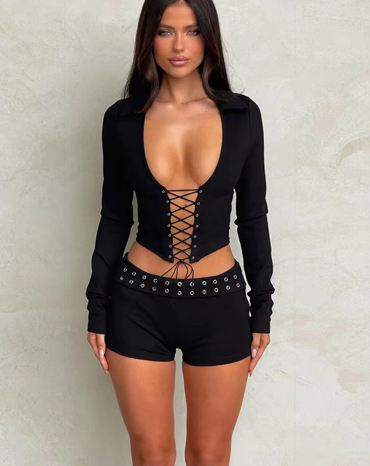 Sequined Patchwork 2 Piece Set Women Sexy Low Neck Lace-Up Long Sleeve Crop Tops+Solid Elastic Shorts Matching Suit