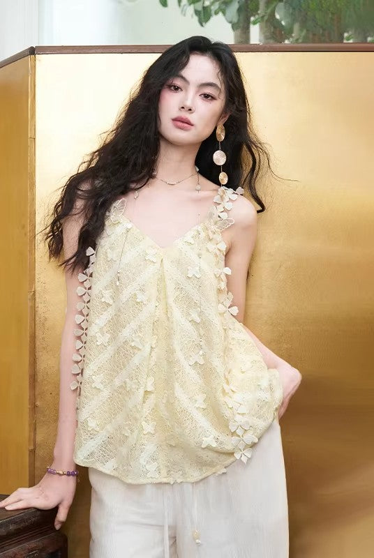 Floral 3D Lace Cami Top, V-Neck Flowy Sheer Tank Top, Romantic Casual Summer Camisole for Women