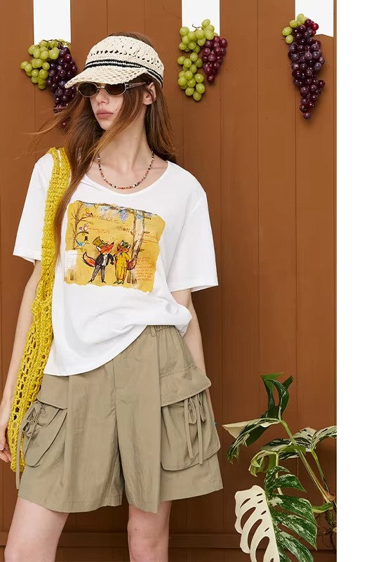 Fox Print Oversized T-Shirt, White Short Sleeve Tee Casual Cartoon Graphic Top