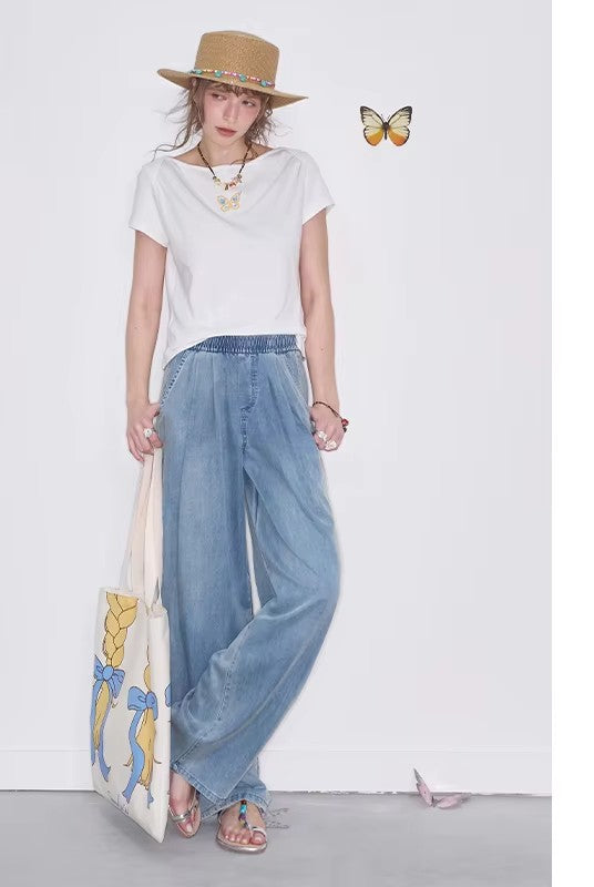 High Waist Wide Leg Jeans for Women, Casual Loose Fit Denim Pants with Elastic Waist, Lightweight Washed Trousers