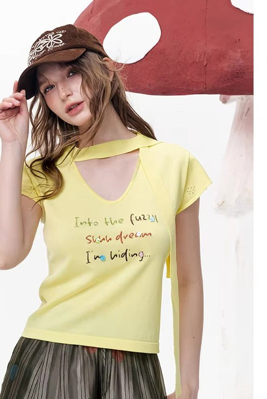 "Into the Fuzzy" Text Print Baby Tee, Cutout Neck Slim Fit Knit Top, Y2K Casual Yellow T-Shirt
