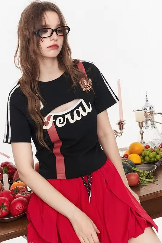 Jersey Style Cropped Top, Number 10/66 Print Sporty Tee, Layered Short Sleeve T-shirt for Women