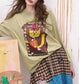 Khaki Cartoon Cat Print Long Sleeve T-Shirt for Women