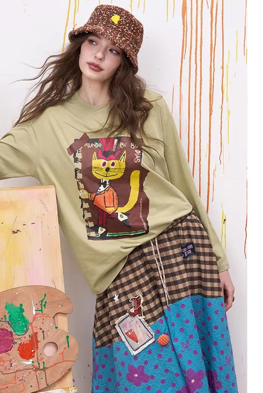 Khaki Cartoon Cat Print Long Sleeve T-Shirt for Women