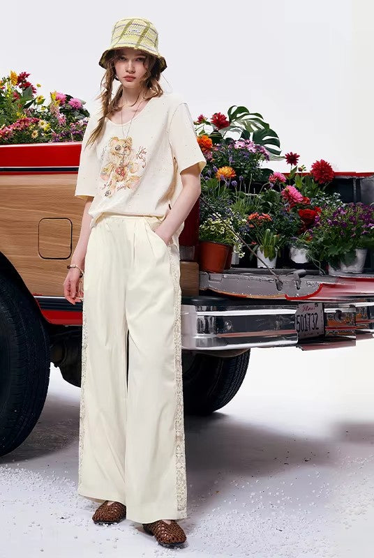Lace Trim Wide Leg Elastic Waist Pants, Lightweight Casual Trousers, Romantic Versatile Daily Wear for Women