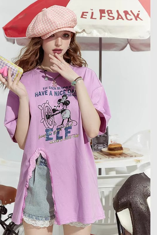 Lavender Oversized Print Ruffle Slit T-Shirt for Women