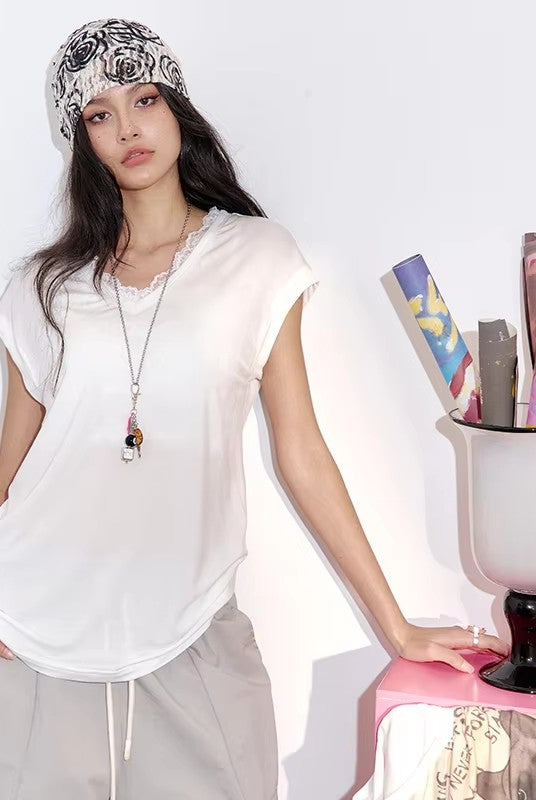 Minimalist Cute Lace Solid Flutter Sleeve Design Tshirt For Women