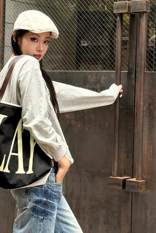 Off White Large Canvas Tote Bag with Bold Maroon "PLAY" Print for Women