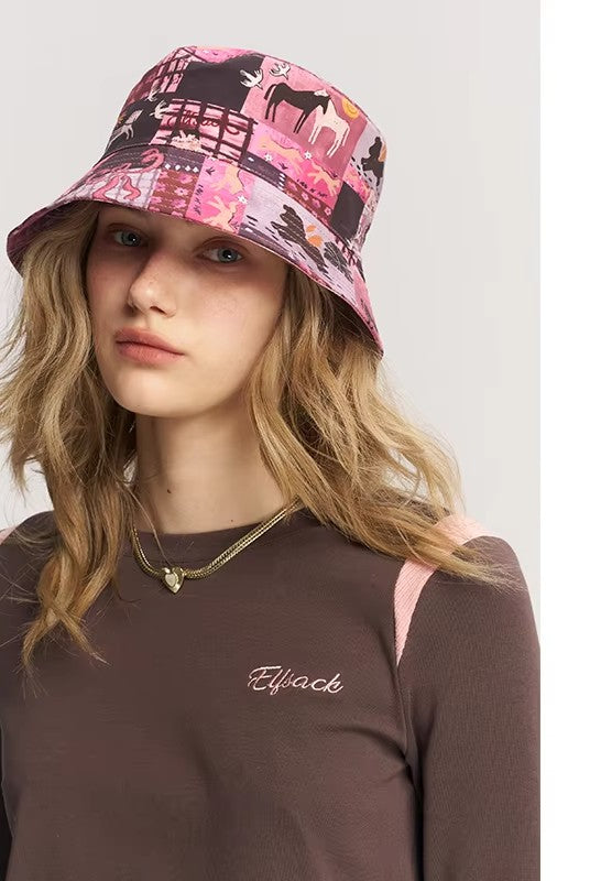 Patchwork Print Bucket Hat with Floral Pattern, Retro Mixed Block Sun Hat for Daily Outdoor, Chic Aesthetic Headwear