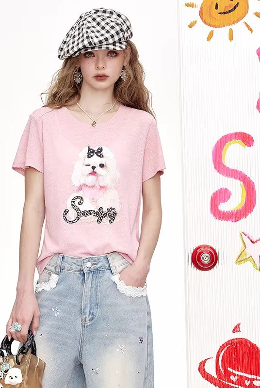 Pink Crew Neck Cute Dog with Bow Leopard Print Text Short Sleeve T-Shirt for Women