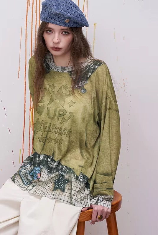 Plaid Patchwork Fake Two-Piece Sweatshirt with Star Print for Women