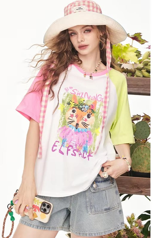Playful Cartoon Fox Print Raglan T-Shirt, Color Block Short Sleeve Graphic Tee, Casual Cute Loose Top for Women