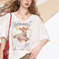 Playful Cartoon Print V-Neck Oversized T-Shirt, Drop Shoulder Casual Graphic Tee, Streetwear Loose Top for Women