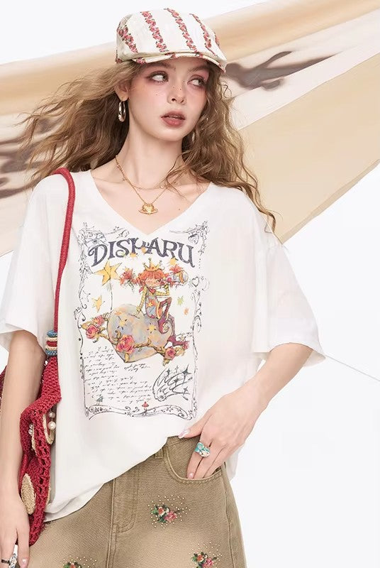 Playful Cartoon Print V-Neck Oversized T-Shirt, Drop Shoulder Casual Graphic Tee, Streetwear Loose Top for Women
