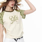 Polka Dot Raglan Sleeve Baby Tee, Bow Print Slim Fit Y2K Casual T-Shirt, Pink & White Retro Top