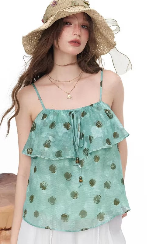 Polka Dot Ruffle Camisole, Beaded Drawstring Chiffon Cami Top, Mint Green Y2K Summer Sleeveless Blouse