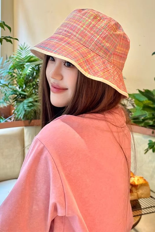 Reversible Pink Plaid & Beige Bucket Hat with Metal Logo for Women