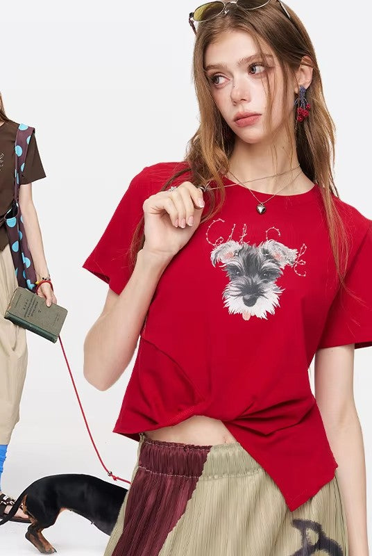 Schnauzer Print Cropped T-Shirt, Letter Graphic Twisted Tee, Casual Short Sleeve Top for Women
