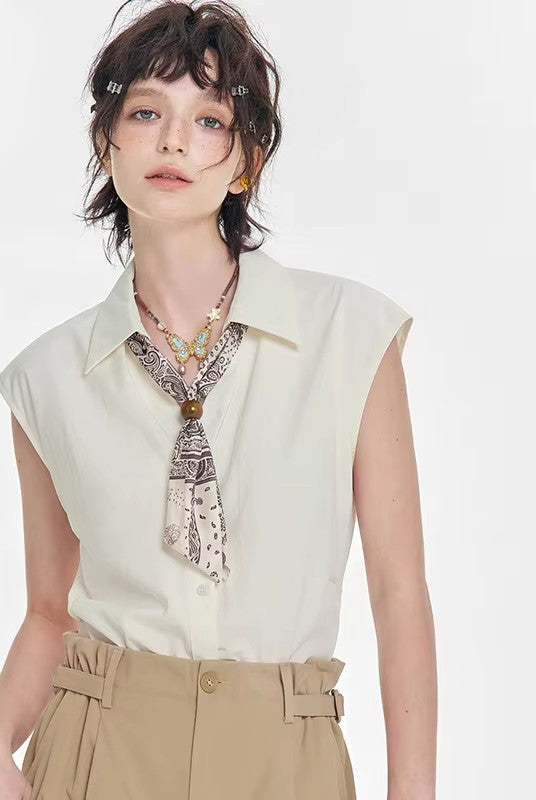 Sleeveless Button-Up Shirt with Scarf Tie, Slim Fit Office Blouse, Elegant Solid Color Workwear Top for Women