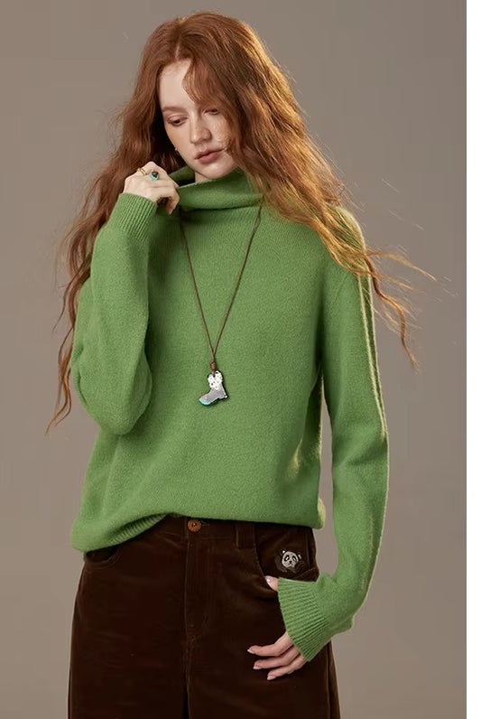 Solid Color Turtleneck Sweater Women, Romantic Cottagecore Fitted Long Sleeve Wool Blend Pullover