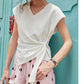 Solid Wrap T-Shirt, Side Knot V-Neck Top, Casual Cap Sleeve Cropped Tee for Women