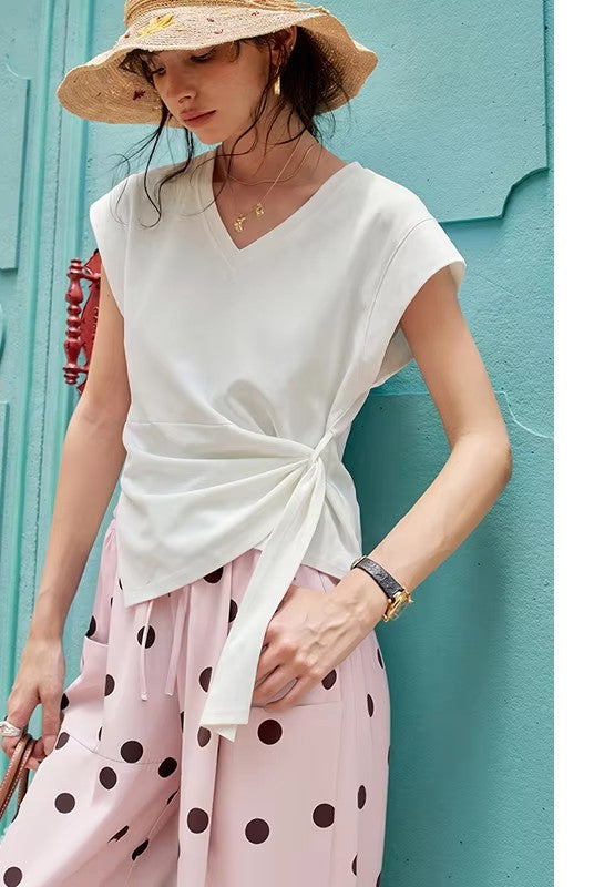 Solid Wrap T-Shirt, Side Knot V-Neck Top, Casual Cap Sleeve Cropped Tee for Women