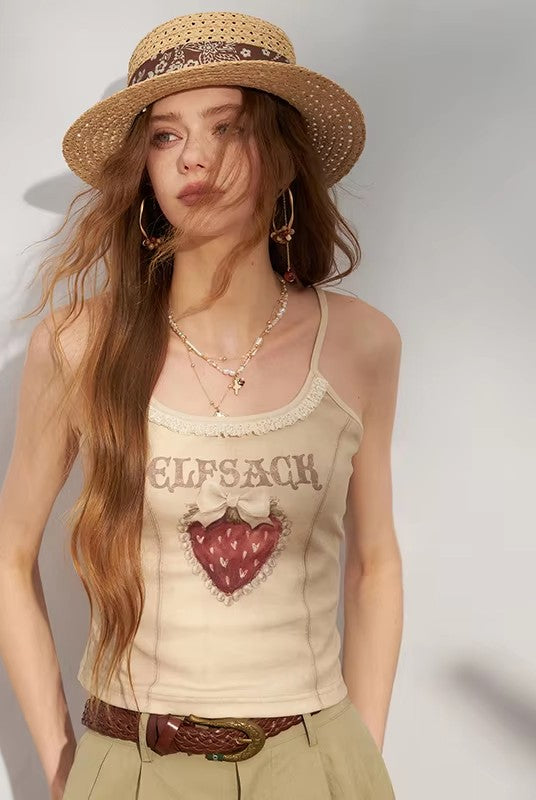 Strawberry Print Gothic Camisole, Lace Trim Adjustable Strap Cami, Sweet Cool Street Casual Top for Women