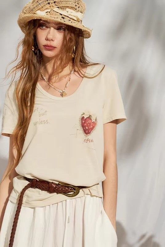 Strawberry Print Loose Fit Graphic Tee, Punk Street Casual Knit T-Shirt, Sweet Cool Daily Top for Women