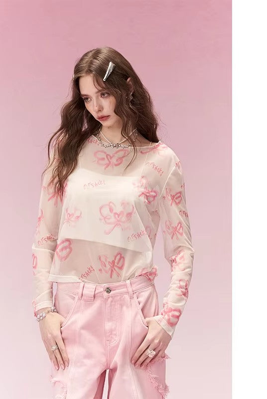 Sweet Casual All Over Print Long Sleeve T-Shirt with Lightweight Sheer Fabric, Relaxed Fit Tops for Women's Daily Outfit
