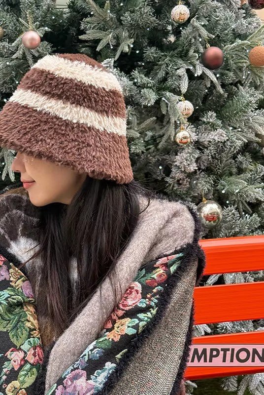 Sweet Striped Color Block Warm Plush Bucket Hat For Women