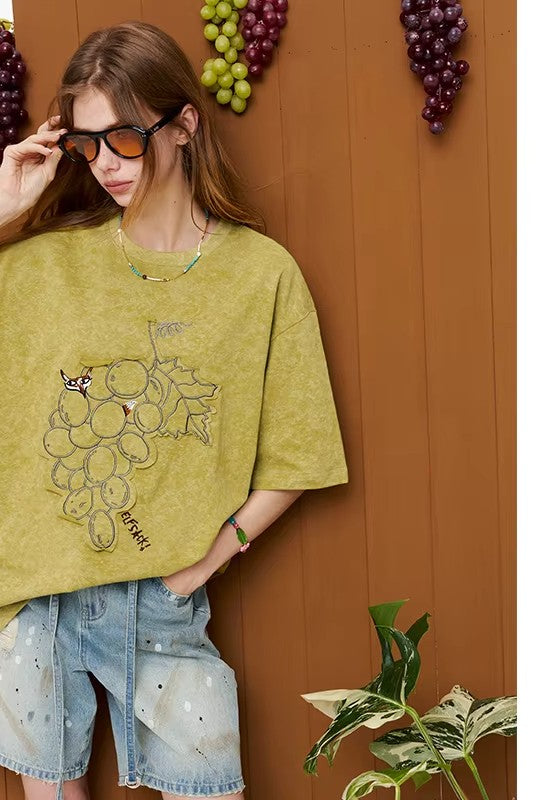 Vintage Washed Grape Print T-Shirt Women Summer Loose Mid-Length Casual Top Design Graphic Tee